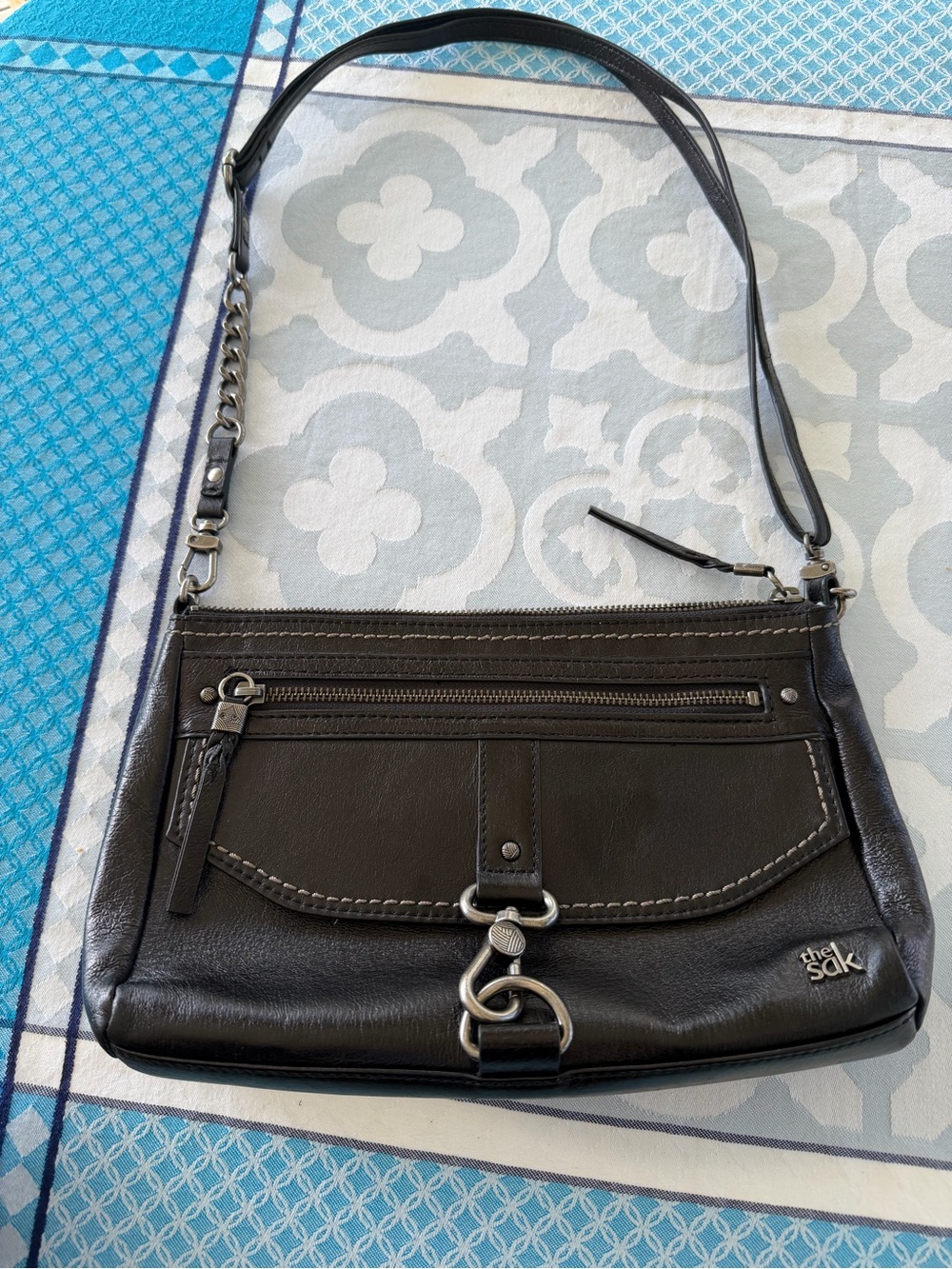 Womens Black Leather Crossbody Bag with Silver Hardware